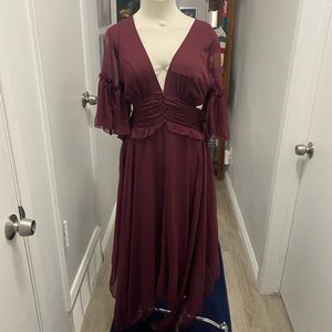 Burgundy Flowy Dress with a deep v - tight in the waist - purchased from ASOS